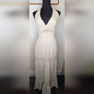 Seaspice Resort Wear Peruvian Cotton V-Neck Halter Crocheted Beige Maxi Dress M